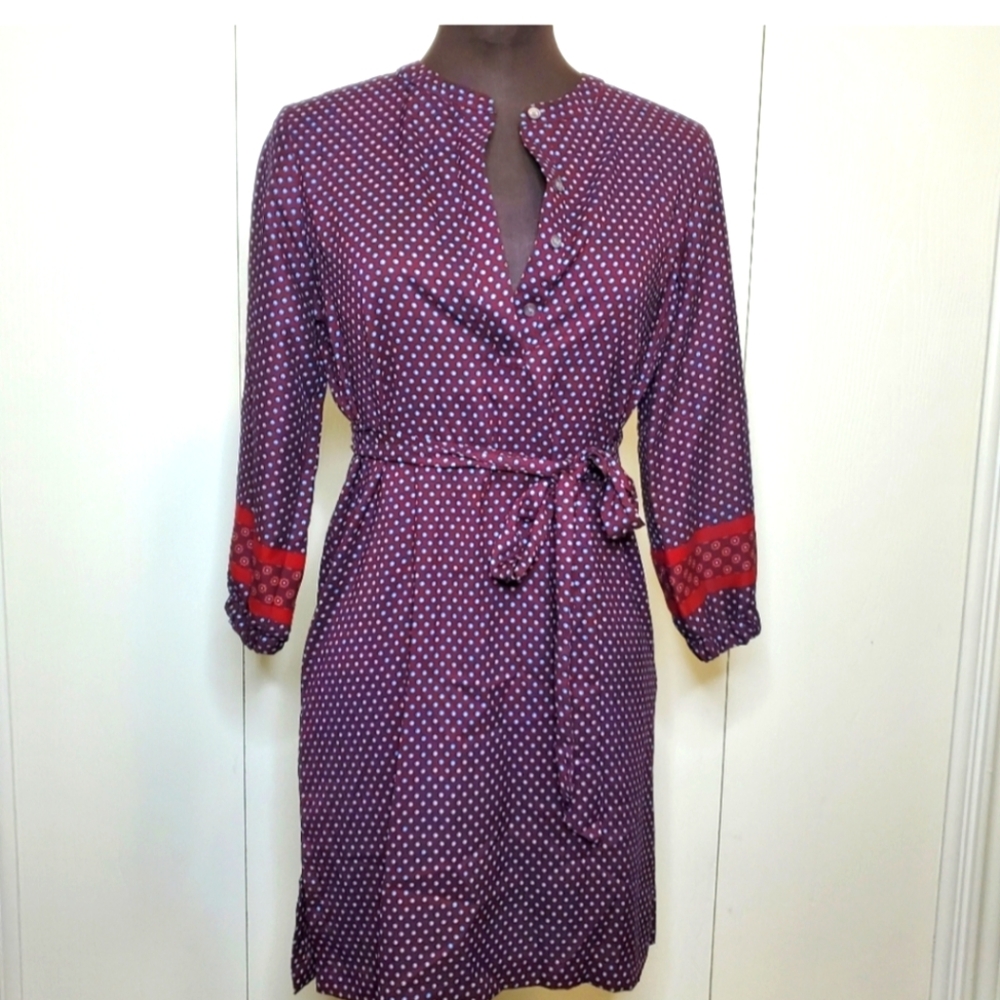 LOFT‎ Burgundy Dress with Blue Polka Dots Button Front Size Small